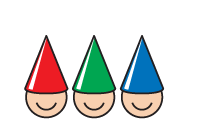 3 pixies in a red, green and blue hat